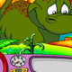 Putt Putt, a purple talking car, has a conversation with a big dinosaur.